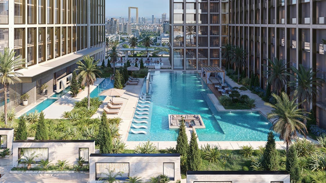 Dubai'de premium bir rezidansın havuz ve peyzaj alanı