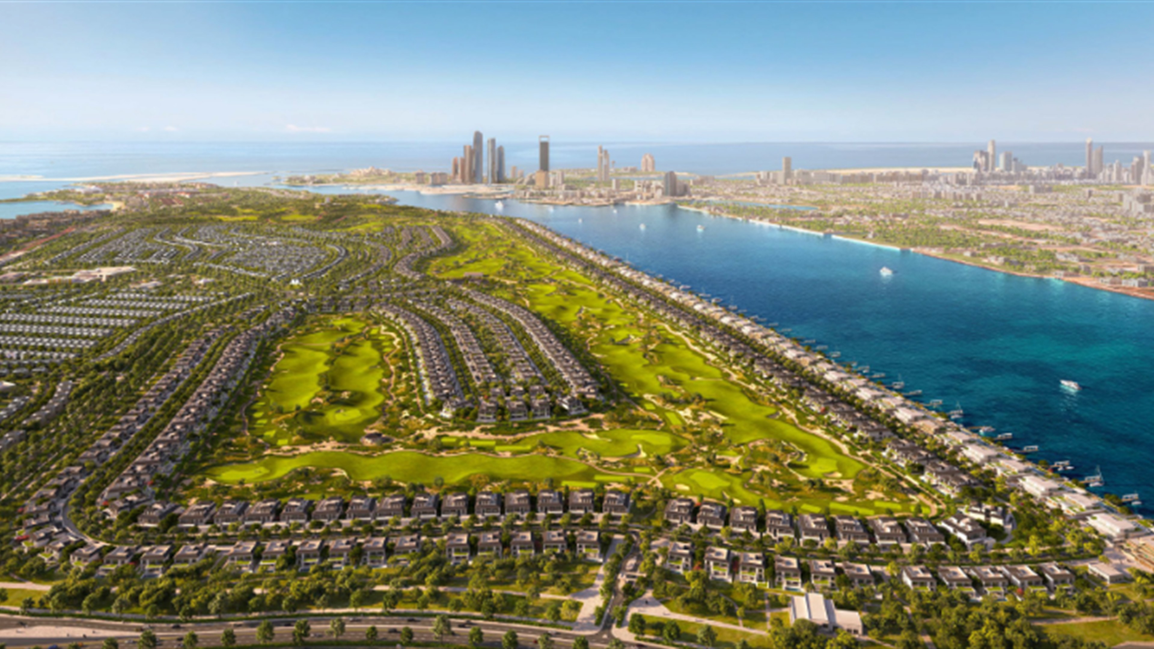 Golf sahası ve deniz manzaralı villa topluluğu, kuşbakışı görünüm