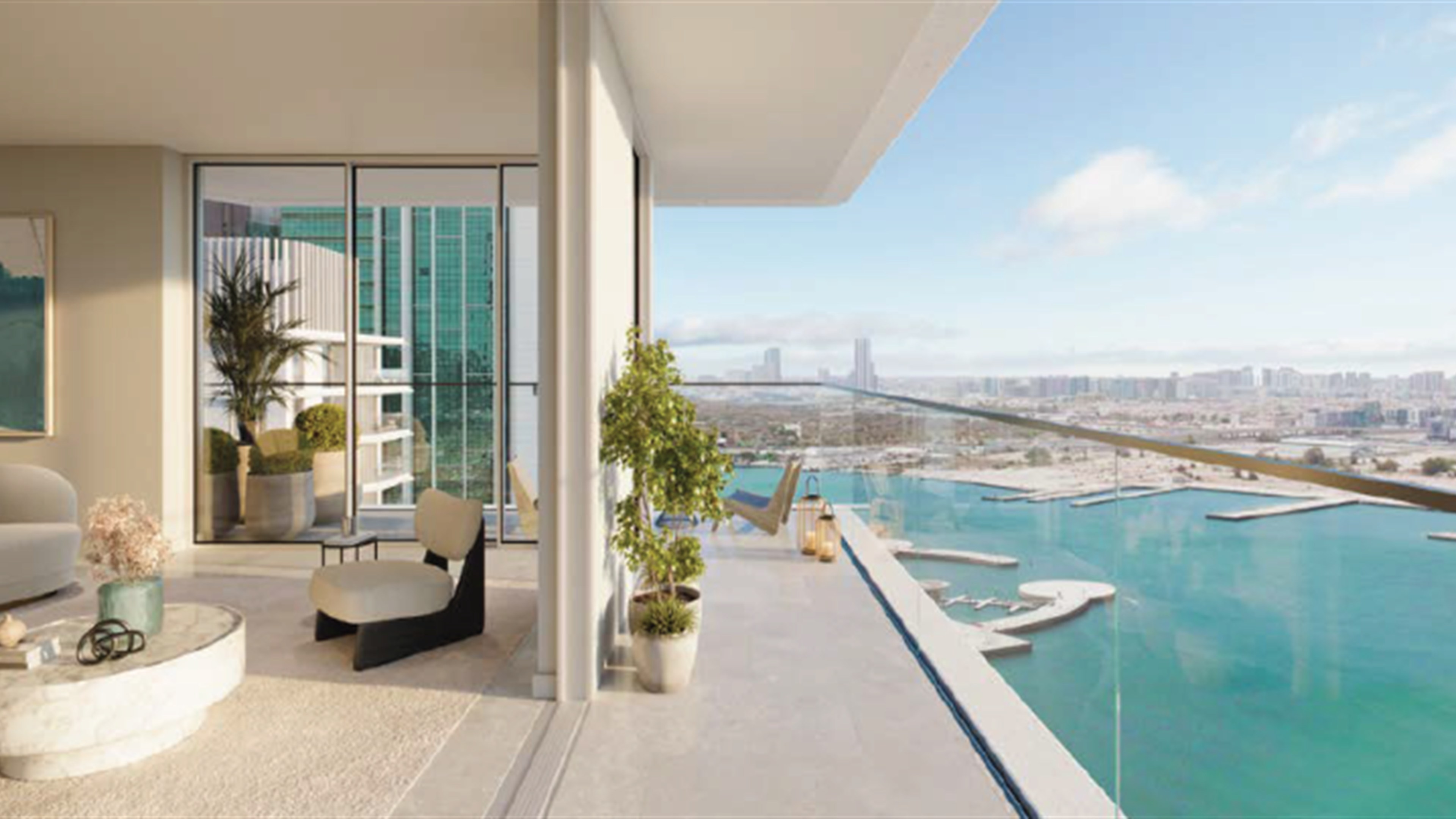 Marina manzaralı salon ve balkon iç mekan tasarımı