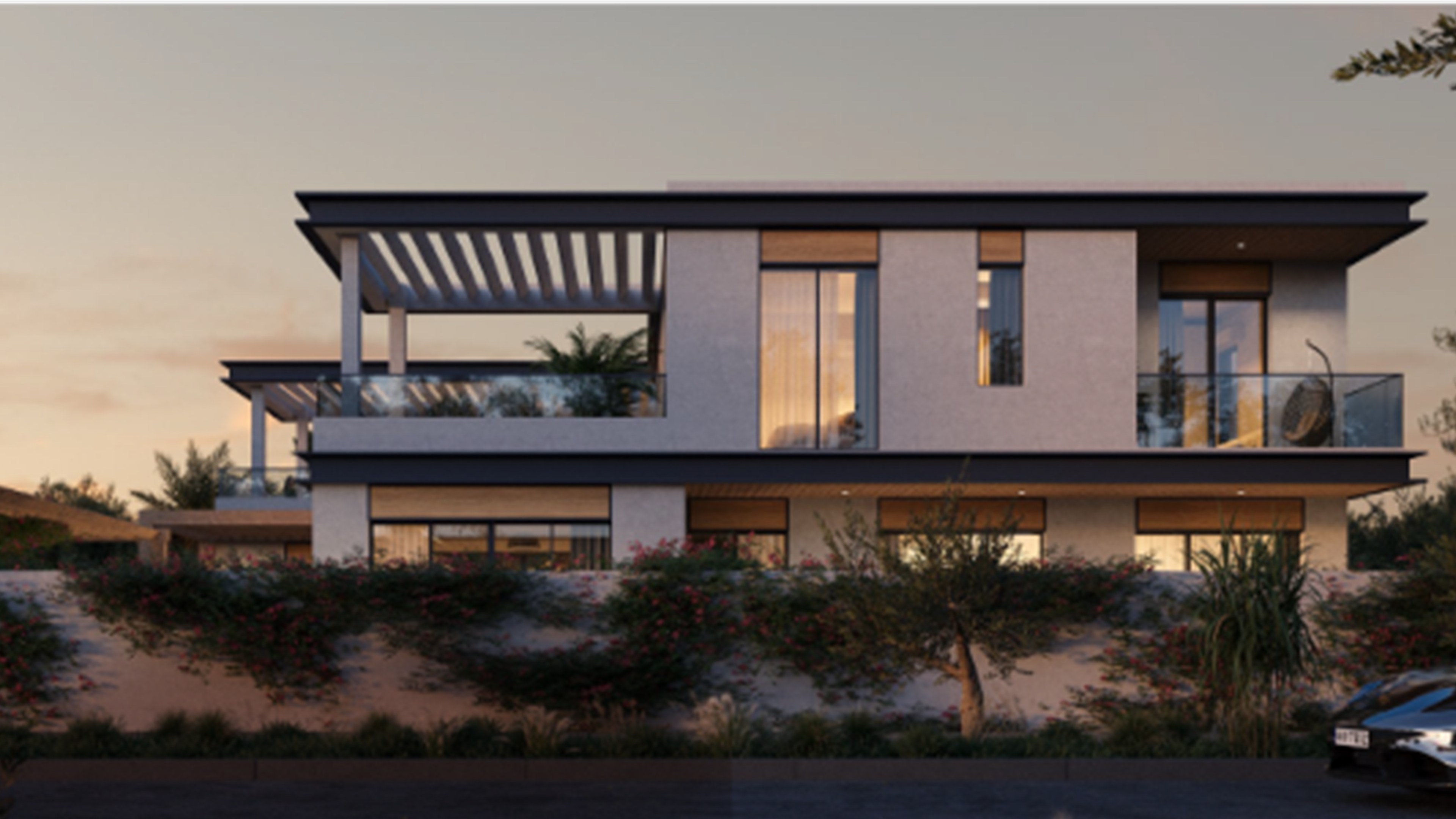 Modern villa dış cephe tasarımı, akşam ışığında
